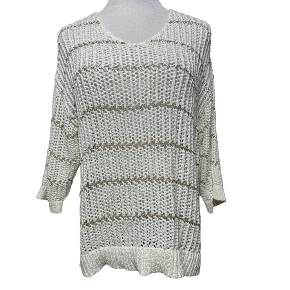 Chicos Shine Striped Charlotte Pullover Sweater Ecru Silver Metallic 570197781 2